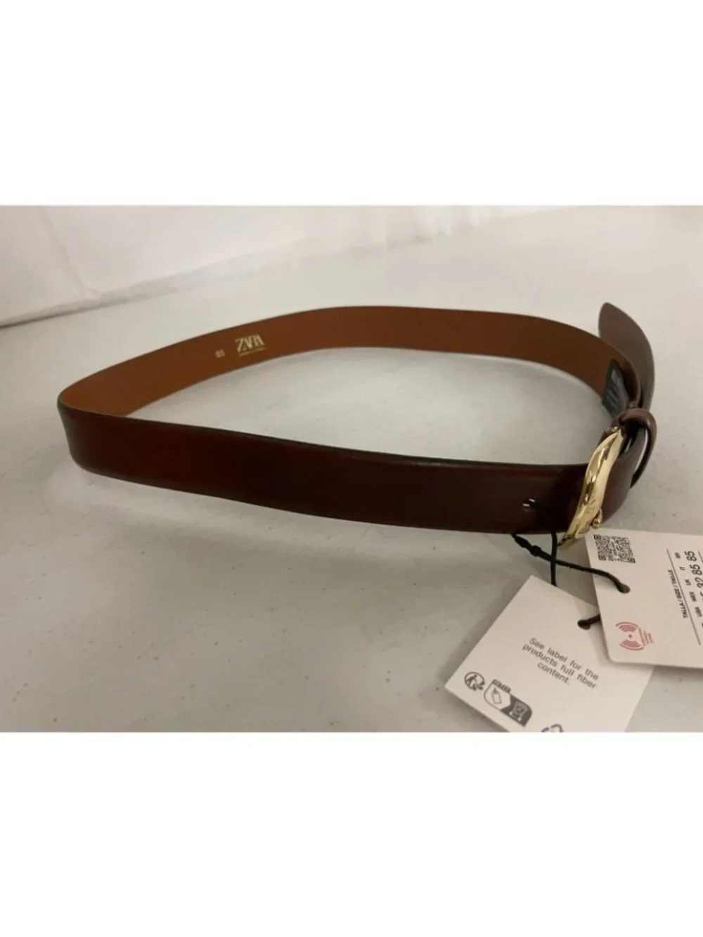 New Zara Brown Leather Belt EU 85 US 32 Gold Tone Buckle NWT